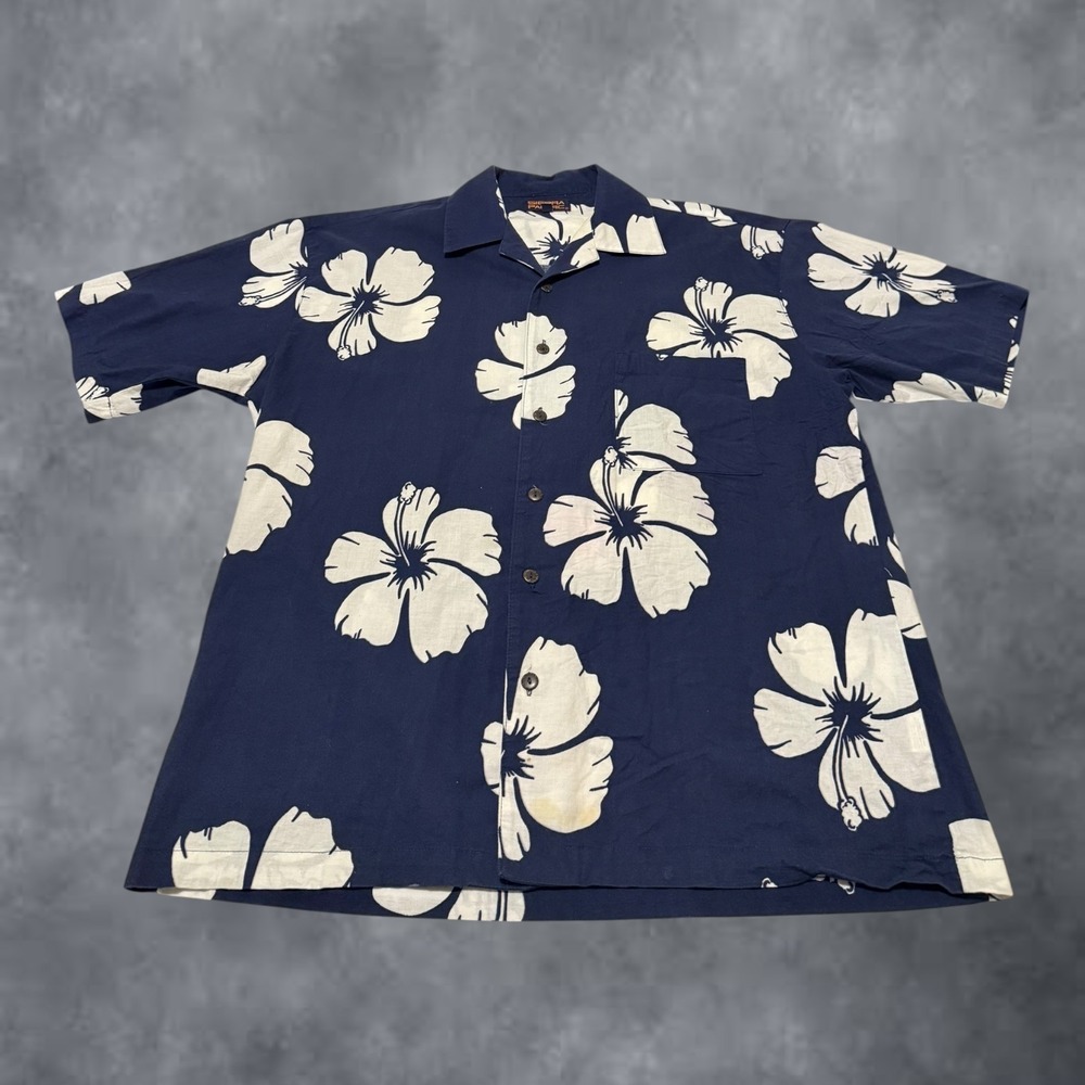 Sierra Pacific Mens Large Navy Blue Hibiscus Floral Aloha Camp Shirt Tropical